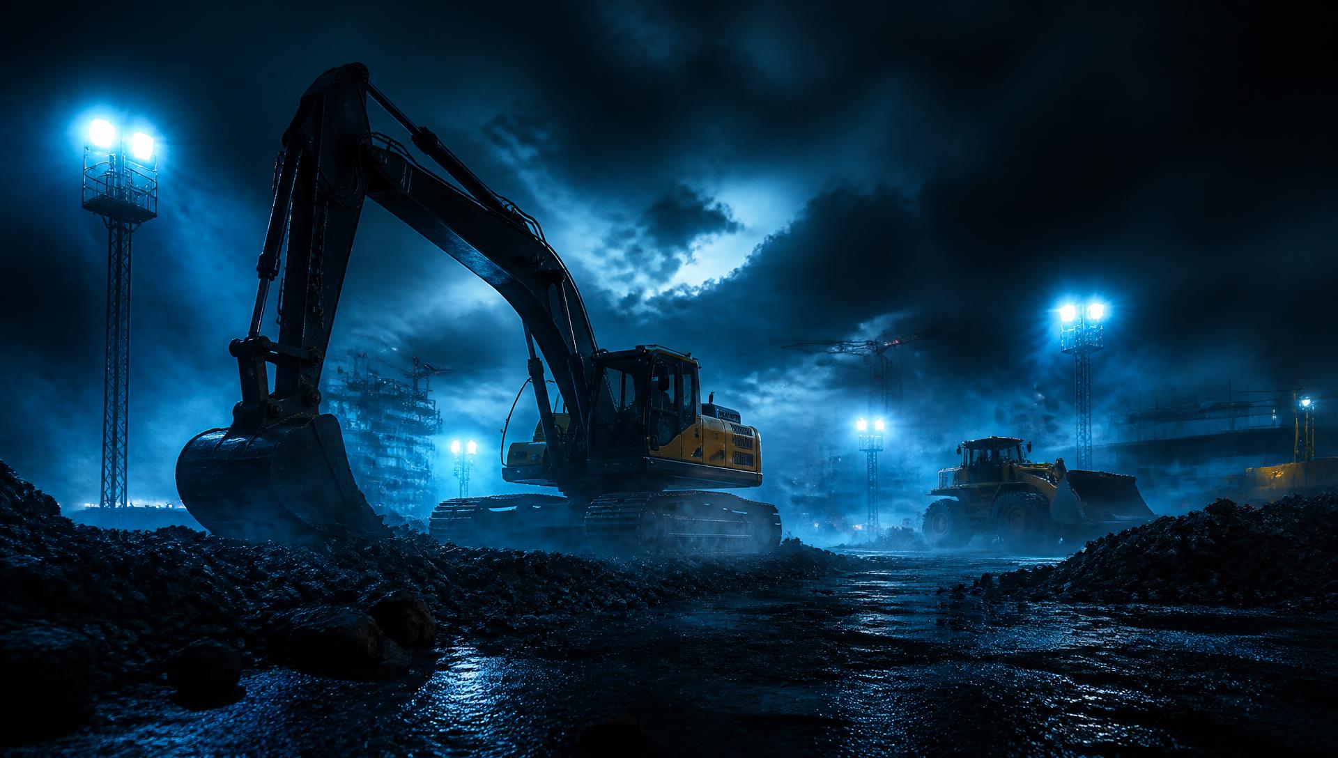 Nächtliche Tiefbaustelle mit Bagger und Flutlicht